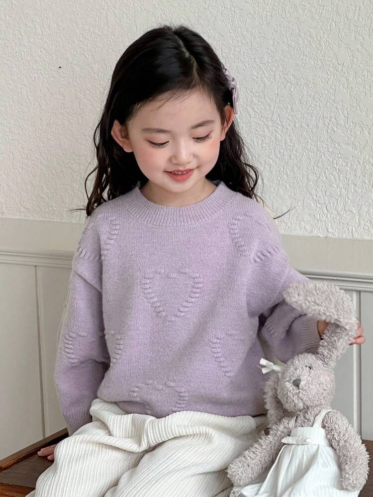 Young Girl Heart Decor Round Neck Dropped Shoulder Long Sleeve Casual Loose Knit Sweater, Autumn/Winter