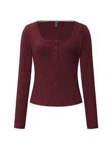 Almamuse ChicEase 女式甜美蕾丝边长袖 T 恤，修身款三扣休闲白色 T 恤上衣夏季 - 酒紅色 - 查看 5