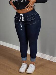 Slaydiva Quần jean bó ống loe cạp chun màu xanh dương, phong cách Cowgirl cỡ lớn mùa đông dành cho nữ, Rodeo - Rửa tối - Xem 6