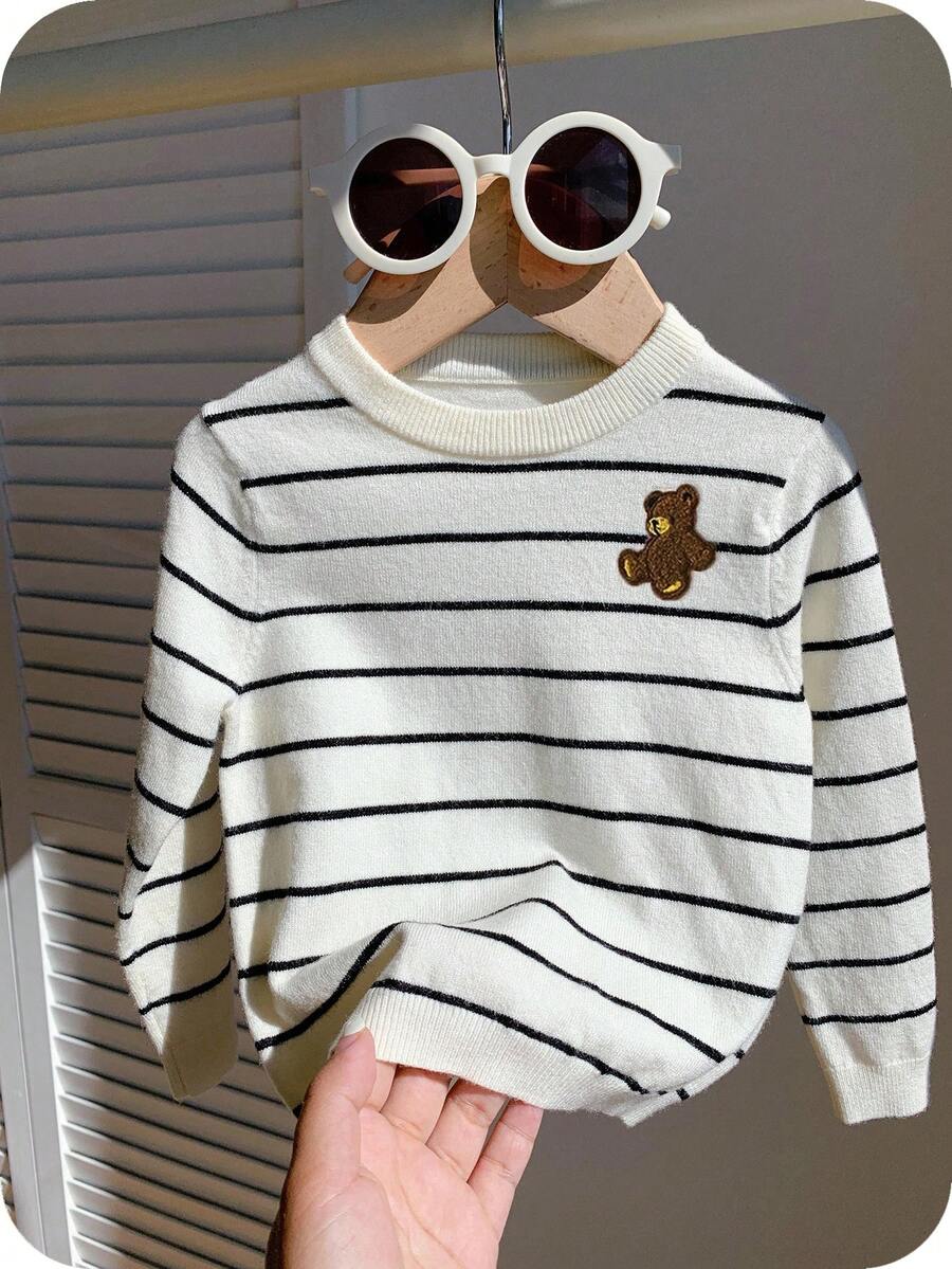 一件装 男童休闲学院风舒适时尚简约实用百搭条纹圆领毛衣，舒适加厚保暖，适合返校、日常穿着，也适合上学、旅行、运动以及秋冬季节穿着。 - 白色 - 查看 1