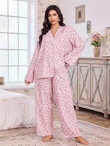 CottageSlumber 大码碎花荷叶边领长袖睡衣套装，秋季服装