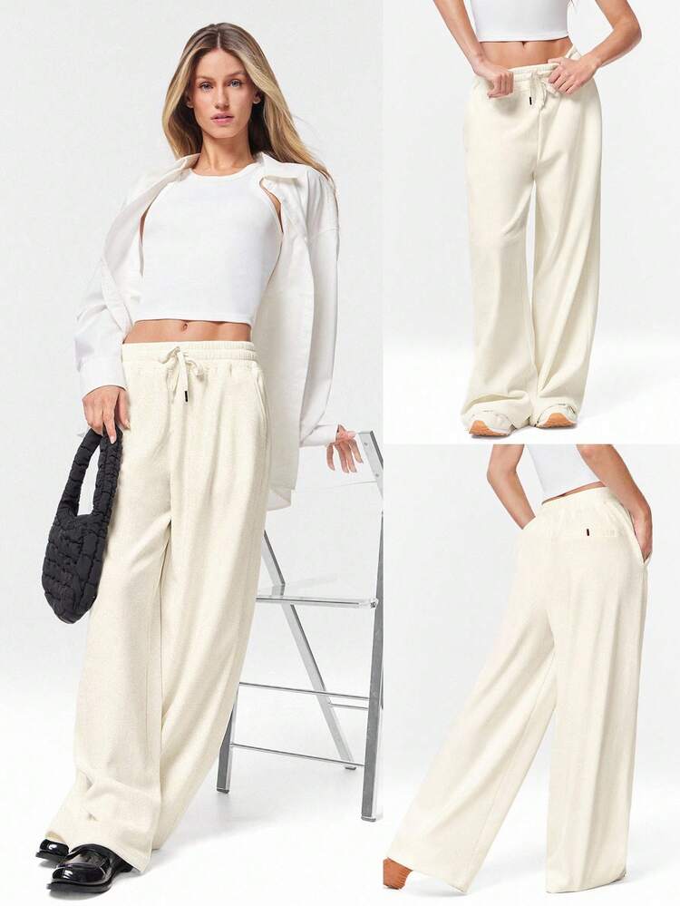 Waffle Brushed Wide-Leg Elastic Waist Active Pants Casual Daily Wear Warm Winter