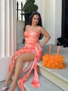 NegzBox Women's Floral Print Ruffle Hem Bustier Dress For Holiday - Orange - View 4