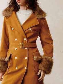 EMERY ROSE 奢华派对优雅法式通勤仿兔毛粗花呢拼布翻领系带长款女式大衣 - 棕色 - 查看 5