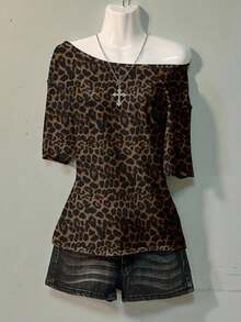 Attitoon Áo thun nữ dáng rộng hở vai họa tiết da báo gợi cảm màu nâu sẫm phong cách đường phố cổ điển giản dị, phù hợp cho mùa hè, đầu thu, lễ hội âm nhạc, phong cách đường phố - Nhiều màu - Xem 5