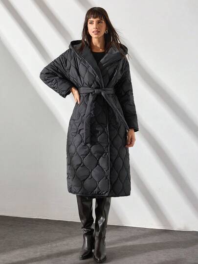 CLARA VERO Diamond Quilted Longline Coat – Lightweight Belted Outerwear With Soft Shine Finish, Chic Minimal Padded Jacket For Cold Days, Elegant Street Style Layering Piece, Oversized Fit For Gen-Z, Everyday Cozy Coat In Navy Tone, Fall To Winter Essential Long Coat Long Coats For Women Outerwear Women Long Jacket For Women Winter Dress For Women