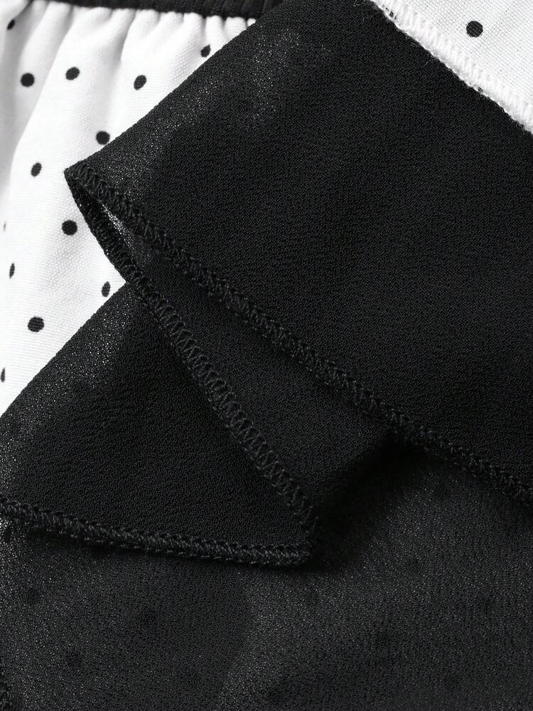 Women's Oblique Shoulder Sheer Mesh Polka Dot Patchwork Flare Sleeve Fitted Blouse, Sexy & Casual Fitted Base Layer T-Shirt Long Sleeve Top