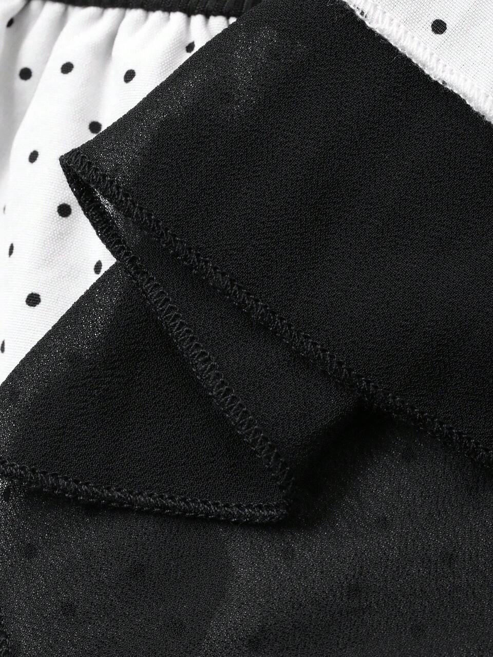 Women's Oblique Shoulder Sheer Mesh Polka Dot Patchwork Flare Sleeve Fitted Blouse, Sexy & Casual Fitted Base Layer T-Shirt Long Sleeve Top