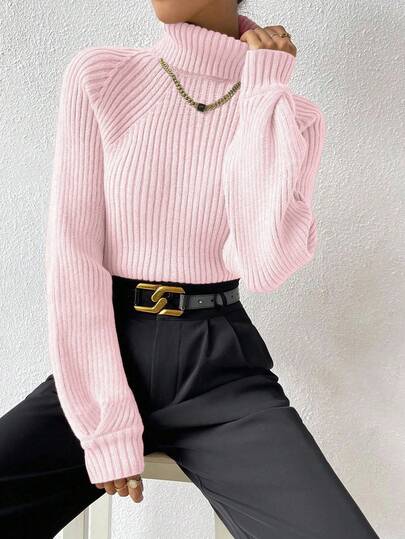 RosyDaze Kadınlar İçin Yüksek Yakalı Düz Renk Raglan Kollu Örme Günlük Uzun Kollu Kaburga Kazak