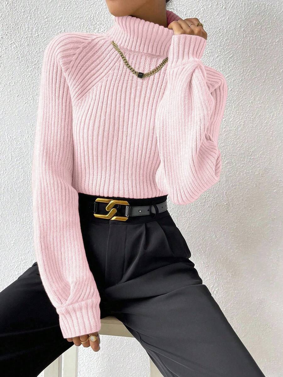 RosyDaze Women's High Neck Solid Color Raglan Sleeve Knitted Casual Long Sleeve Ribbed Sweater - Baby Pink - View 1