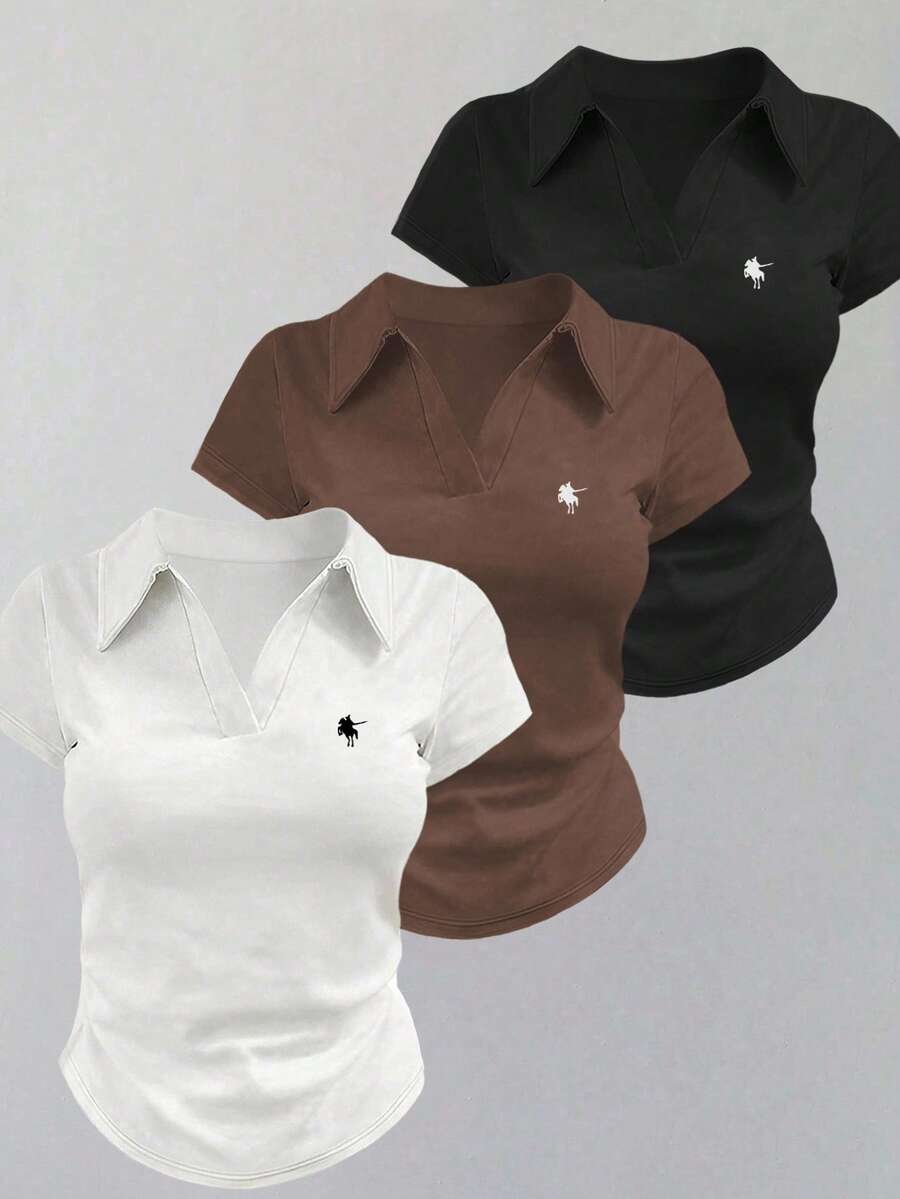 INAWLY 女款骑士印花翻领短袖褶皱休闲T恤 - 黑色 - 查看 1