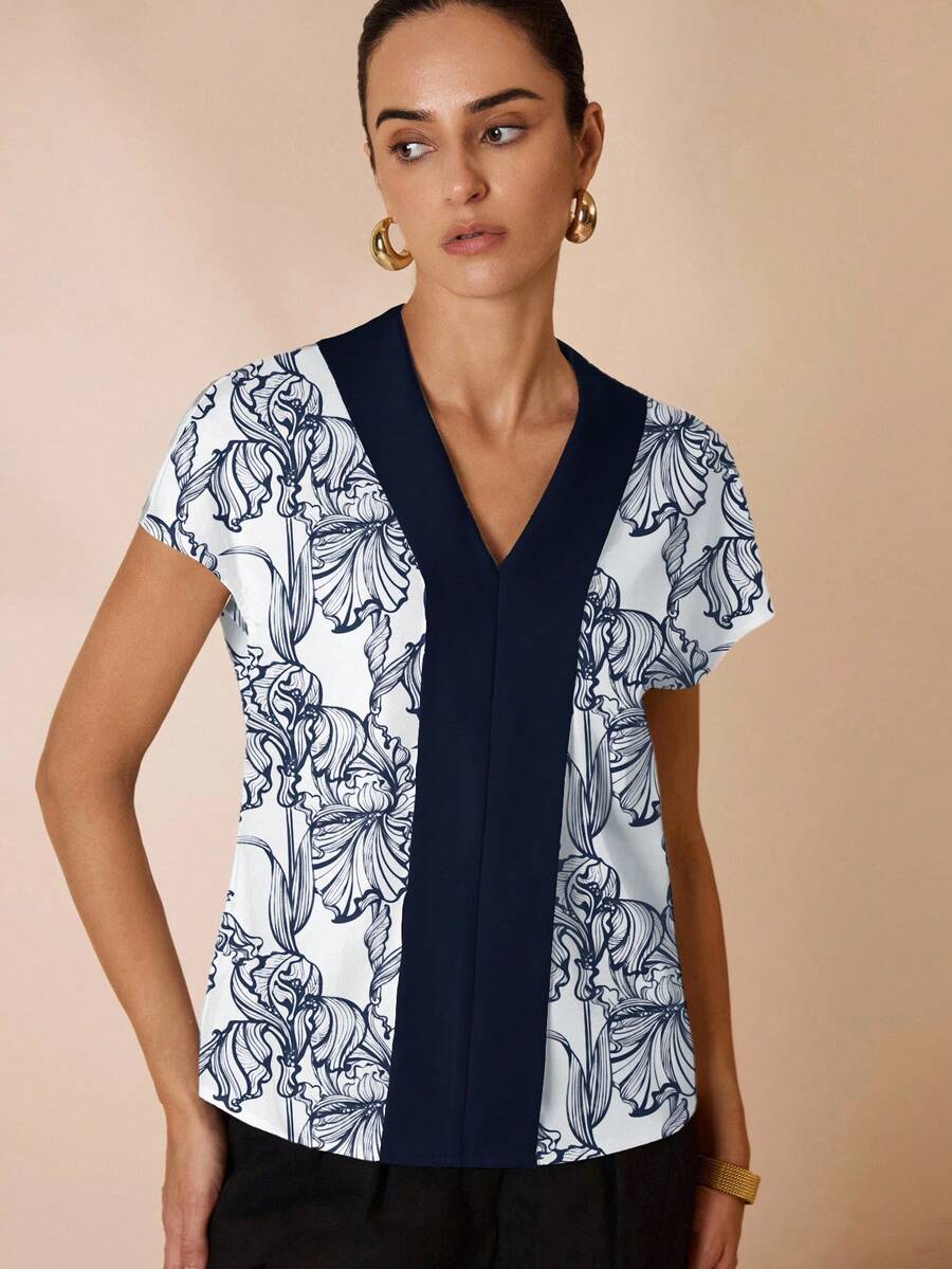 Shutterstock Glamance Casual Loose Versatile Printed V-Neck Women Blouse, Summer Women Work Tops Summer Shirts Woman Women Blouses For Summer Summer Work Top Scrub Tops For Women - Multicolor - View 1