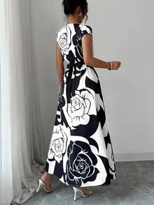 Selianne 女士拼色花卉印花裹身裙，优雅夏日 - 黑與白 - 查看 2