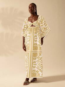 CAJUNI Women's Boho Vintage Black Printed Hollow-Out Loose Long Sleeve Maxi Dress, Vacation - Yellow - View 8