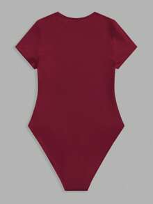 SHEIN BASICS Casual Solid Color Knit Crew Neck Short Sleeve Bodysuit For Women Summer Outfit For Women - Burgundy - View 5