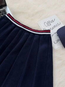 Muvela Chân váy len xếp ly lưng thun co giãn thời trang thu/đông cho nữ, phong cách retro, đồ dùng đa năng, chân váy thiết yếu cho mùa thu, phong cách cổ điển - Màu xanh hải quân - Xem 4