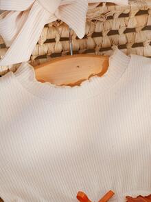 SHEIN Váy bé gái cổ tròn tay bồng có nơ eo, viền bèo nhún, phù hợp cho dịp lễ Halloween/thu - màu nâu - Xem 6