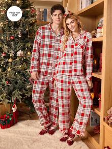 CoupledUp Plaid Print Men's Button-Front Pajama Set, Fall Winter Clothes, For Christmas - Apricot - View 3