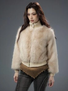 Bloopia 优雅淑女时尚宽松女式秋冬万圣节针织拼布仿皮草短款修身长袖夹克 - 杏色 - 查看 3