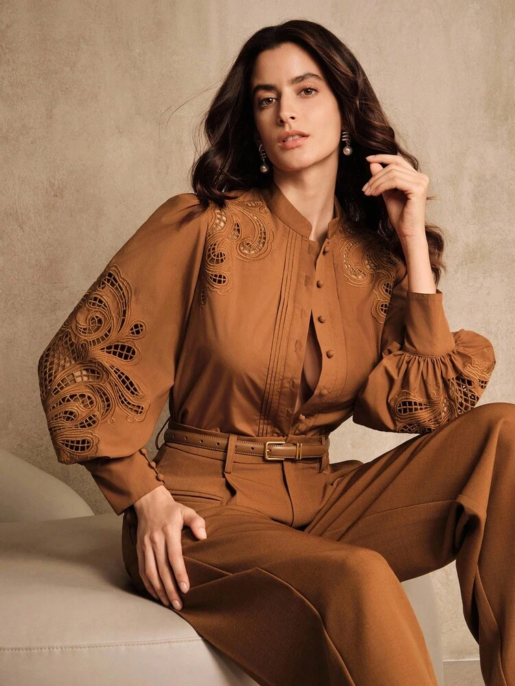 Women's Elegant Halloween & Christmas Hollow Out Embroidered Solid Color Long Sleeve Loose Blouse, Autumn/Winter