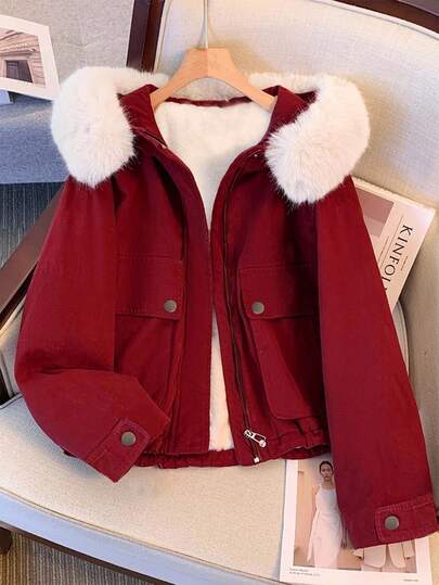 Tween Girl Thermal Lined Thick Fur Collar Outdoor Zipper Red Jacket With Pockets, Fashion Elegant Classic Outerwear, Comfortable & Stylish Fall Winter,Christmas Clothes