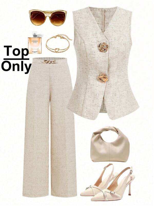 Ellevyn Women's Sleeveless Metal Rose Button Shirt, Elegant French Style Casual Office Wear For Summer Teacher For Women Fall Women Linen Tops Work Business Casual Woman Professional Women Women Business Casual Woman   Teacher Outfits For Women Fall Women Clothes