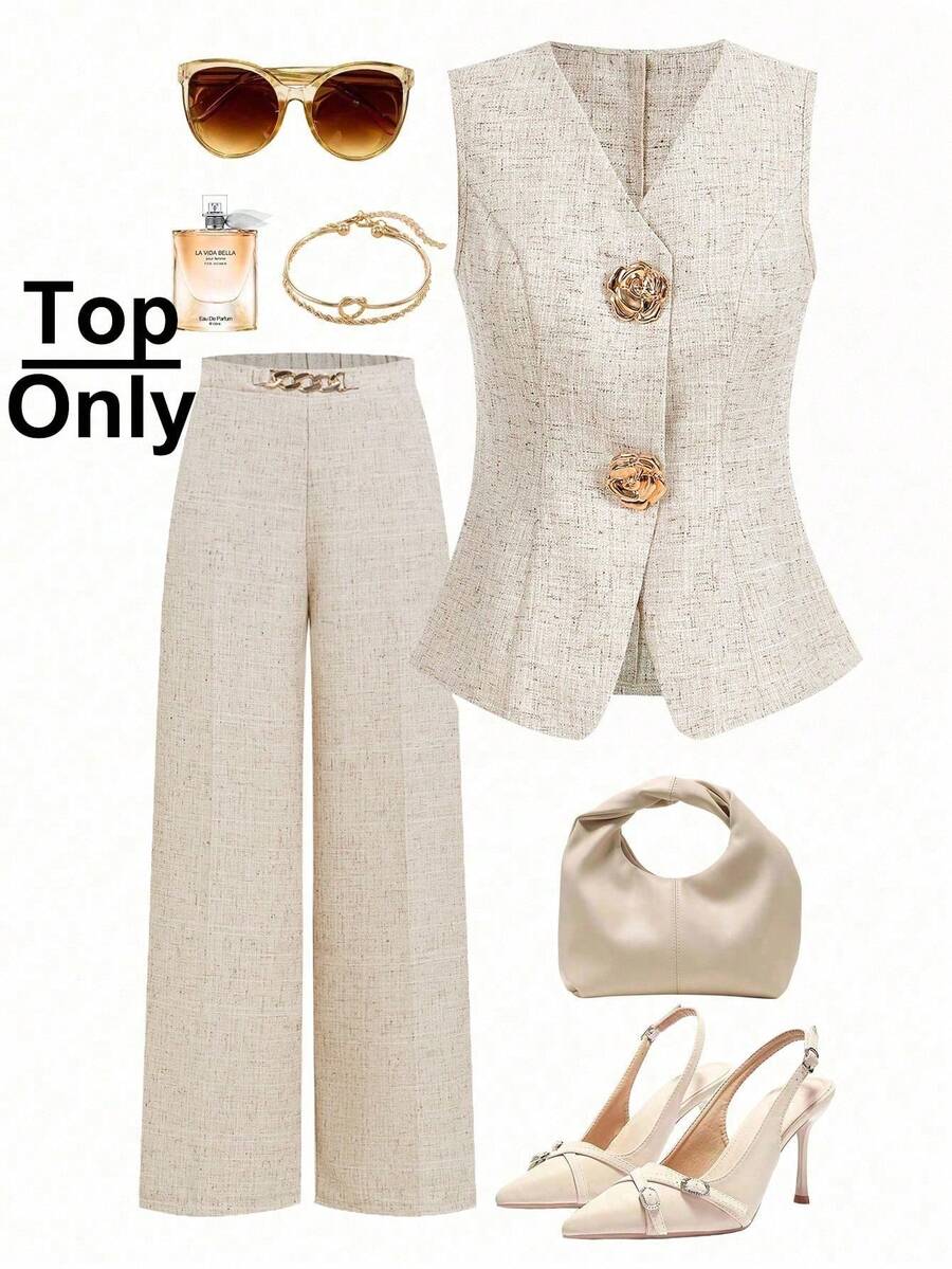 Ellevyn 女士无袖金属玫瑰纽扣衬衫，优雅法式休闲办公装，适合夏季教师、秋季女性、职业女性、职场女性、教师、秋冬季女性、春夏季办公着装：优雅正式的通勤装；教师服装 - 卡其色 - 查看 1