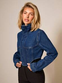 COSMINA Women's Casual Stand Collar Cropped Denim Jacket, Autumn Jean Jacket For Women - Dark Wash - View 5