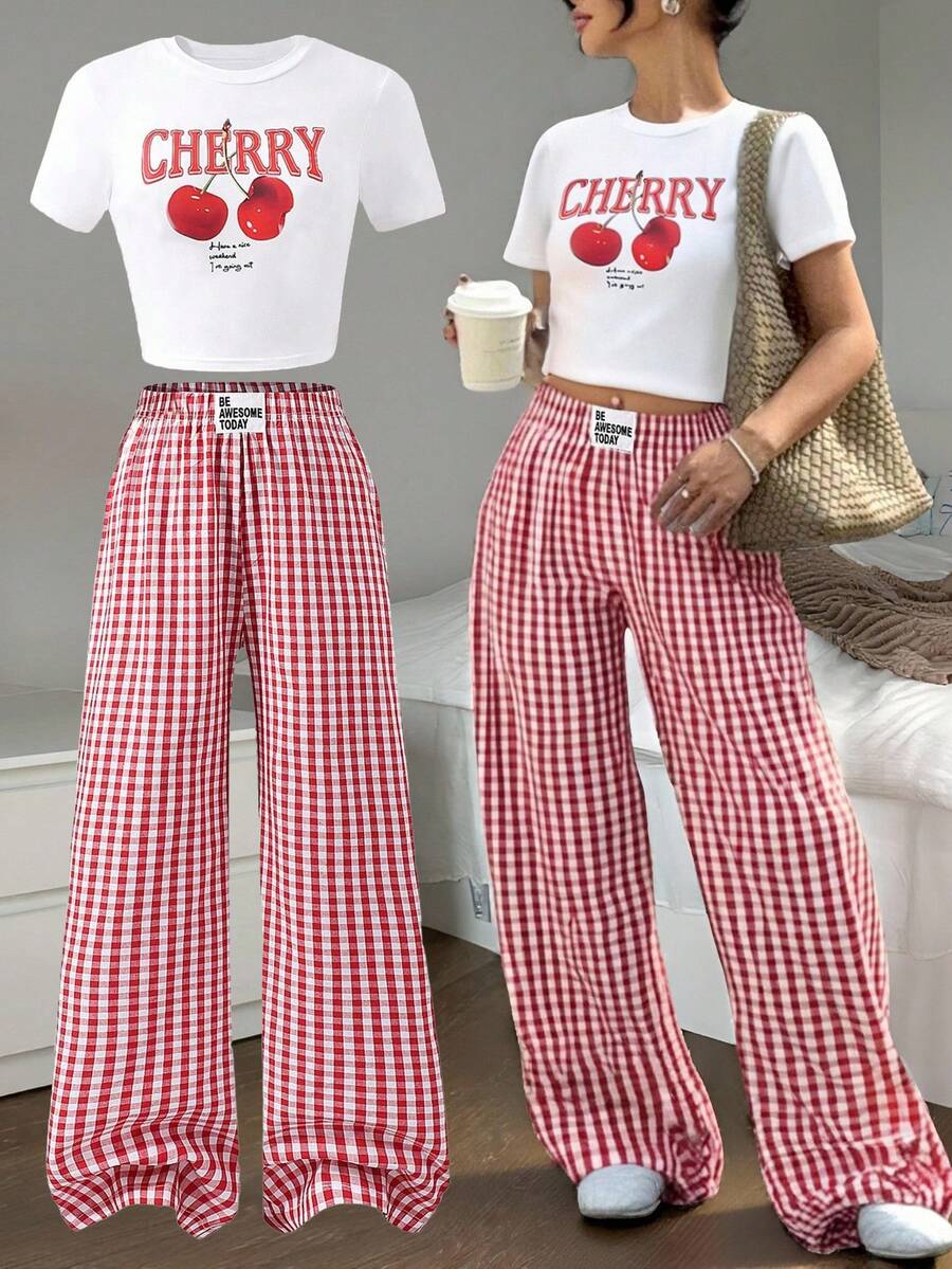 SHEIN Sparklyn 2pcs/Set Y2K Style Streetwear Cherry Graphic Crop T-Shirt + Plaid Wide Leg Pants Co-Ord Set, Teenage/Teen Fashion - White - View 1