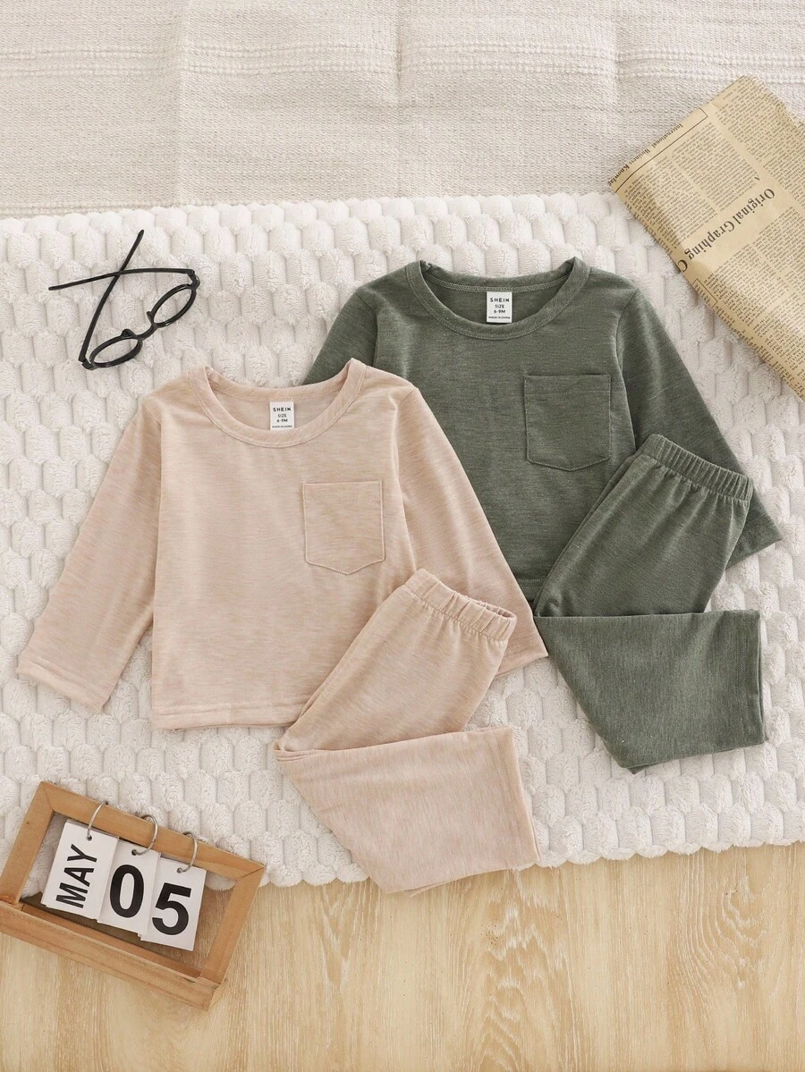 2pcs/Set Toddler Boys' Solid Color Cotton Crew Neck Long Sleeve Top And Pants Casual Pajamas, Autumn/Winter Fall - Multicolor - View 1