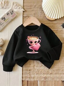 Girls Casual Fashionable Creative Cartoon Cup & Ballerina Girl Heart Graphic Print Crew Neck Sweatshirt, Suitable For Girls, Autumn Outfit Fall Winter Kids Graphic Sweatshirt Girls Black Sweatshirt Girls Long Sleeve Top Girl Sweatshirt Long Sleeve Kids Girls