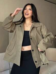 Dazy Plus Plus Size Women Stand Collar Long Sleeve Tie Waist Casual Trench Coat, Spring/Autumn Jacket