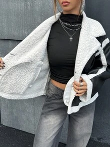SHEIN ICON Damen Schwarze und Weiße Lässige Locker Kragen Langarm Einreihige Jacke, Herbst/Winter - Schwarz und Weiss - Übersicht 17