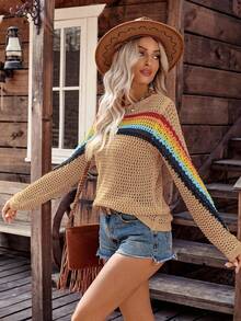 LanaWest Áo len dệt kim kiểu nông thôn họa tiết sọc khối màu dành cho nữ - Màu Khaki - Xem 4