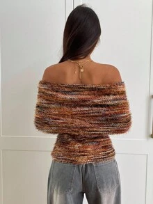 Aloruh Women's Fall/Winter Elegant Off Shoulder Ruched Fitted Long Sleeve Knit T-Shirt,Women Long Sleeve Top,Women's Winter Clothes, Going Out Top,Brown Top - Multicolor - View 4