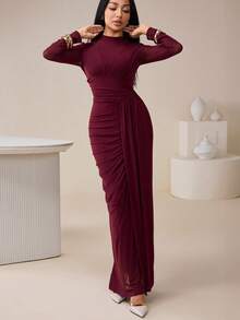 Veilorie Women's Solid Color Stand Collar Long Sleeve Pleated Fitted Elegant Mesh Arabic Dress Burgundy - Burgundy - View 7
