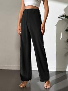 SHEIN Tall Pantalones anchos de unicolor para mujer, adecuados para ir al trabajo - Negro - Ver 6