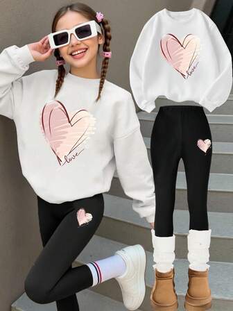 SHEIN 2pcs/Set Teen Girl Casual Fleece Heart Print Round Neck Long Sleeve Sweatshirt And Skinny Pants Winter Clothes Outfit