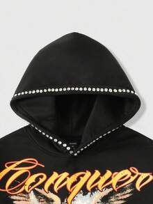 ROMWE MEN Street Life Men's Glitter Diamond Angel Letter Print Hoodie, Vintage Street Style, Fall - Black - View 2