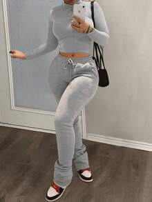 Slaydiva 2 szt. Damski, swobodny, podstawowy, obcisły strój z okrągłym dekoltem, składający się z krótkiego topu z długim rękawem i elastycznym paskiem ze sznurkiem oraz spodni o dopasowanym kroju, jesień/zima - Szary - Zobacz 7