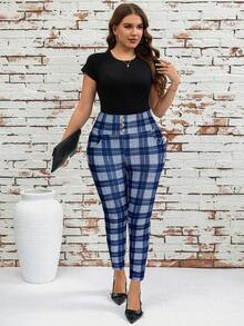 SHEIN Clasi Plus Size Fashionable Plaid Slim Fit Pants - Blue and White - View 4