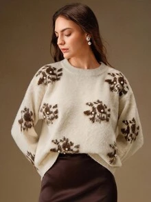 Anewsta 女士复古铆钉珍珠提花花卉针织毛衣、外套 - 奶油色 - 查看 5