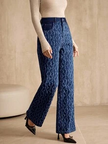 Anewsta 女士新款提花面料蓝色牛仔直筒裤 - 藍色 - 查看 5