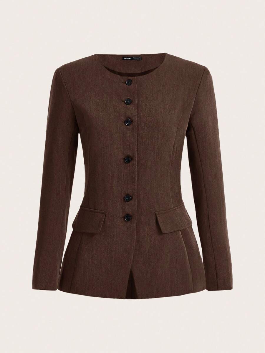 COSMINA Women's Solid Color Long Sleeve Single-Breasted Casual Commuter Regular Jacket, Autumn,Brown Jacket,Fall - Brown - View 1