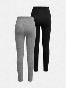 SHEIN Set de 2 piezas de pantalones acampanados con cintura de cordón y estampado de letras y lazos, en negro y gris, para niñas, para otoño/invierno - Multicolor - Ver 2