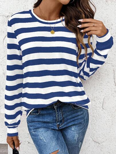 SHEIN LUNE Women's Athleisure Striped Crew Neck Casual Comfortable Basic Sweatshirt,Fall Stripe Top Blue Striped Shirt Long Sleeve Summer Top Striped Long Sleeve Blue And White Tops