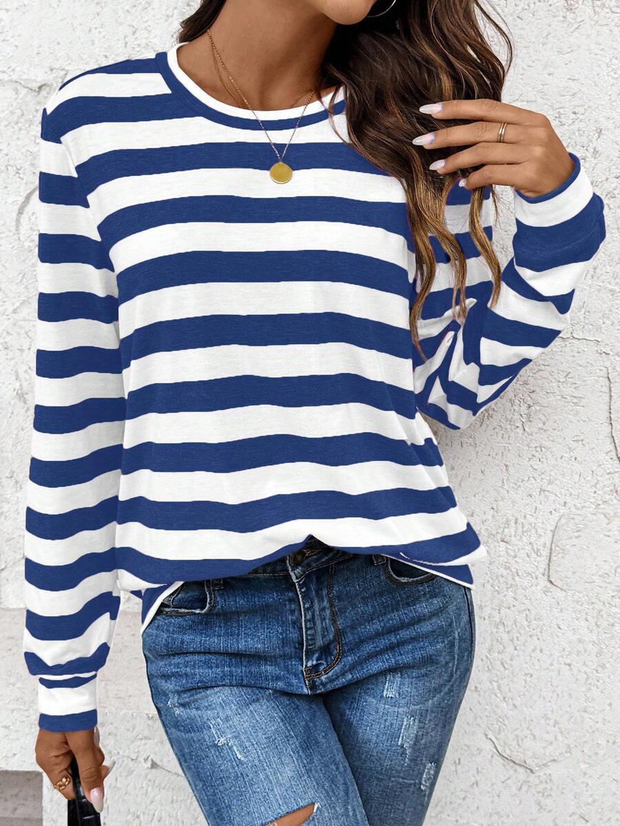 SHEIN LUNE Women's Athleisure Striped Crew Neck Casual Comfortable Basic Sweatshirt,Fall Stripe Top Blue Striped Shirt Long Sleeve Summer Top Striped Long Sleeve Blue And White Tops - Blue - View 1