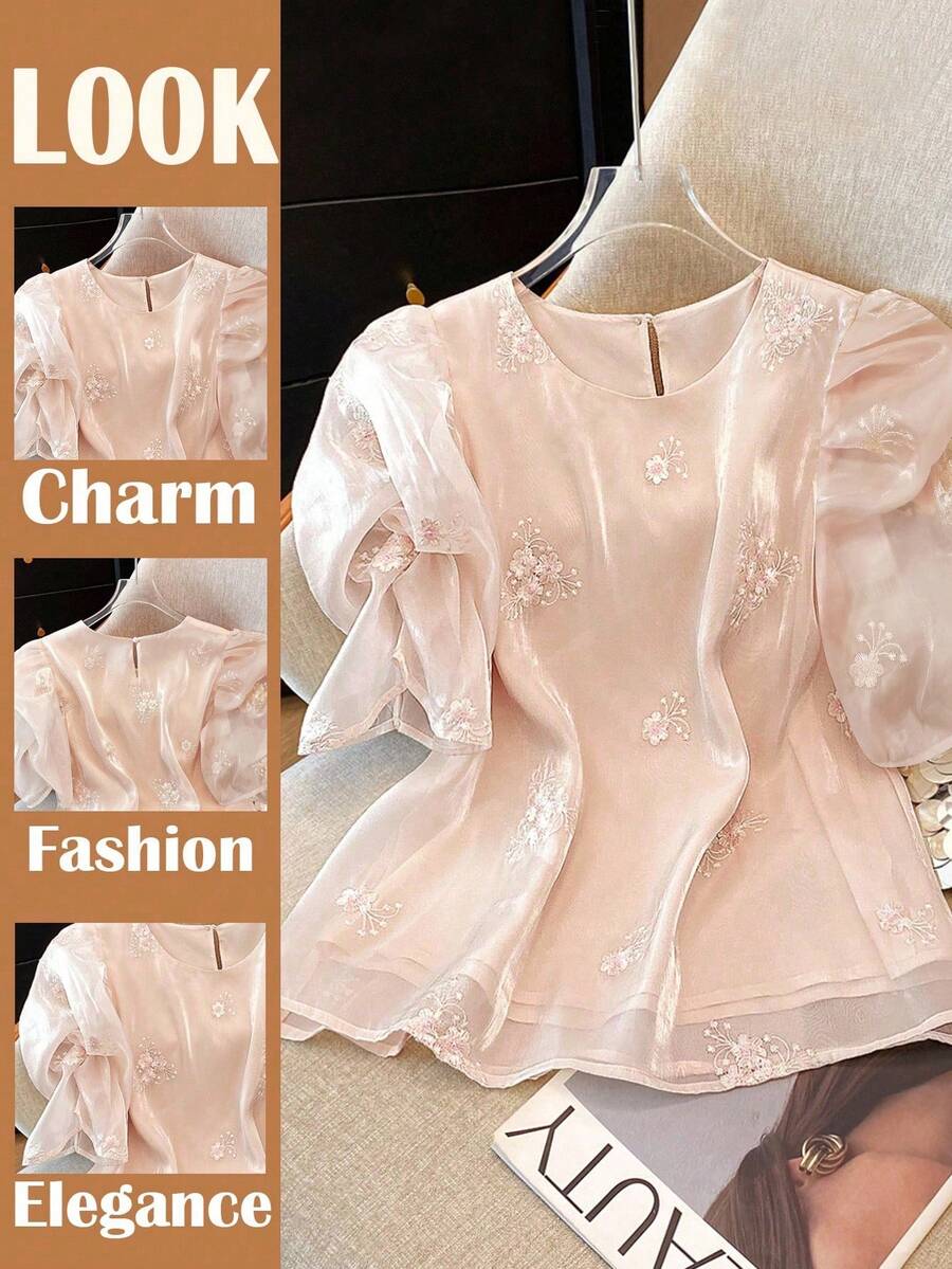 SHEIN Clasi Regular Size Women's Satin Embroidered Puff Sleeve Blouse, Elegant Style