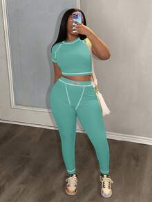 Slaydiva 2025 春夏新款休闲街头百搭运动基础修身绿色圆领短袖短款T恤和撞色腰裤女两件套，适合音乐节、复活节、西部游牧风格、乡村风格、婚礼嘉宾、日常旅行、毕业季、派对聚会、俱乐部、运动健身、瑜伽 - B - 薄荷綠 - 查看 5