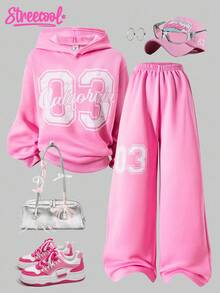 SHEIN Explorewe 2 Stücke/Set Straßen-coole Teenager Mädchen & Teenager Kalifornien Buchstaben & Nummer Grafik Hoodie Sweatshirt und gerade geschnittene Hose, geeignet für Lässig, Sport, Lässig Bekleidung im Herbst/Winter